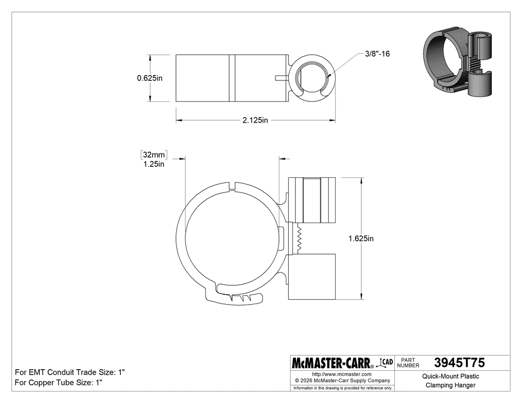 Technical Drawing of Quick-Mount Plastic Clamping Hanger, 1-1/4" ID.